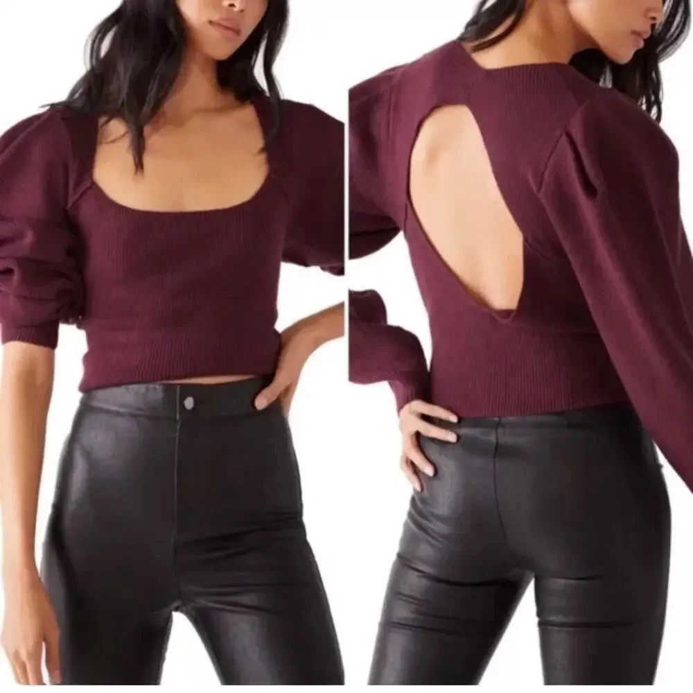 Free People Saffron‎ Sweater Open Back Puff Long Sleeve Plum Purple Sz XL